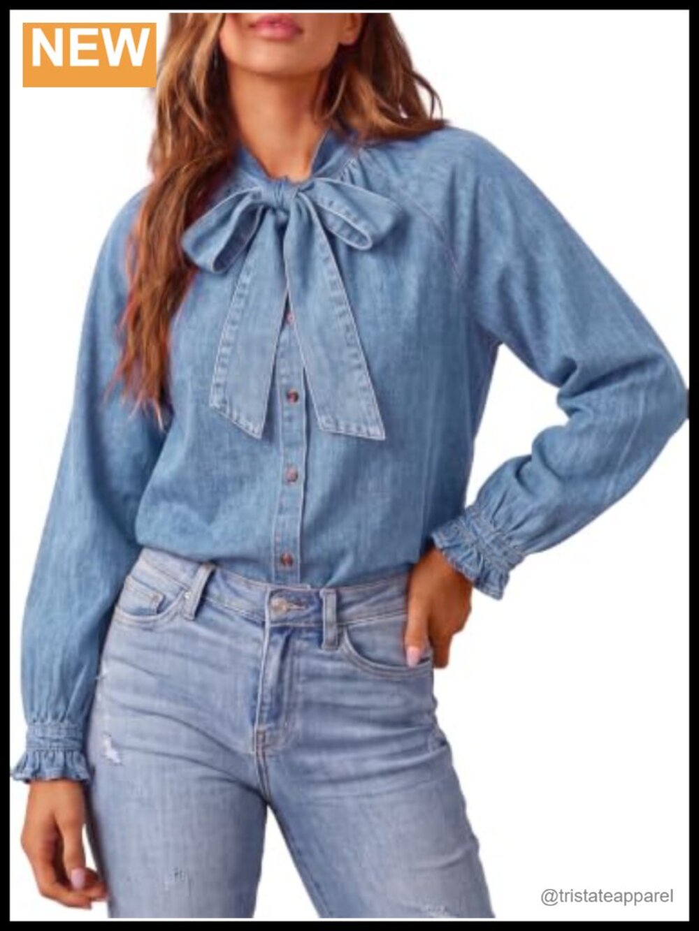 Women's Denim Ruffle Button Down Shirt Long Sleeve Self Tie Front Blouse